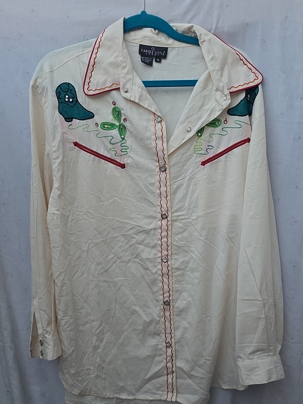 Carole Little Cream Western Shirt with Teal & Green Embroidery